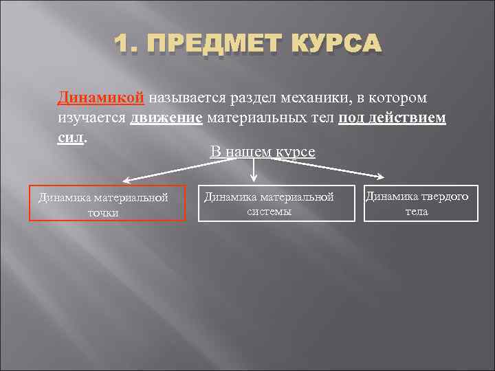 1. ПРЕДМЕТ КУРСА Динамикой называется раздел механики, в котором изучается движение материальных тел под