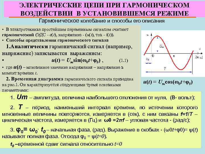 ЭЛЕКТРИЧЕСКИЕ ЦЕПИ ПРИ ГАРМОНИЧЕСКОМ ВОЗДЕЙСТВИИ В УСТАНОВИВШЕМСЯ РЕЖИМЕ Гармоническое колебание и способы его описания