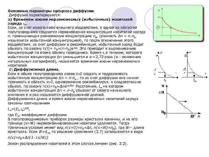 Основные параметры процесса диффузии. Диффузия характеризуется: а) Временем жизни неравновесных (избыточных) носителей заряда τn.