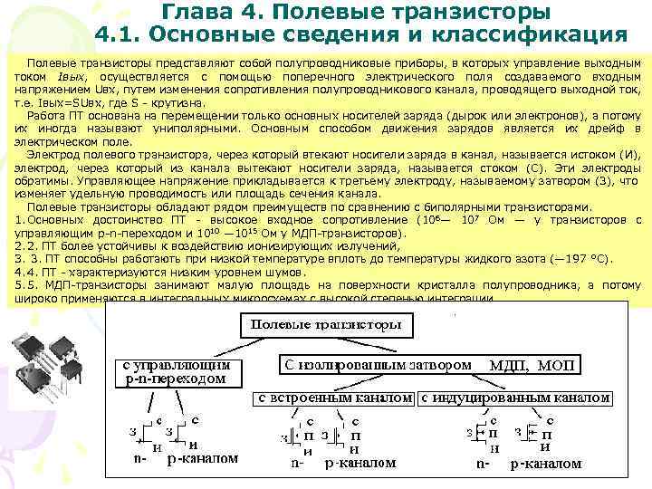 Глава 4. Полевые транзисторы 4. 1. Основные сведения и классификация Полевые транзисторы представляют собой