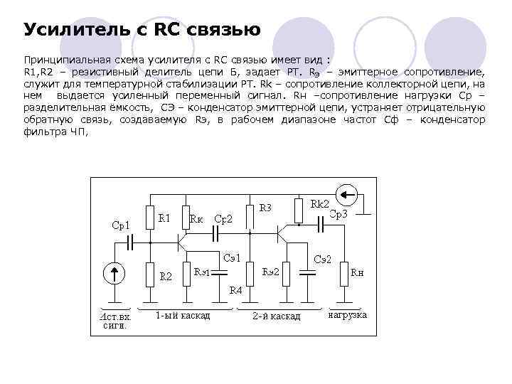 Усилитель с RC связью Принципиальная схема усилителя с RC связью имеет вид : R