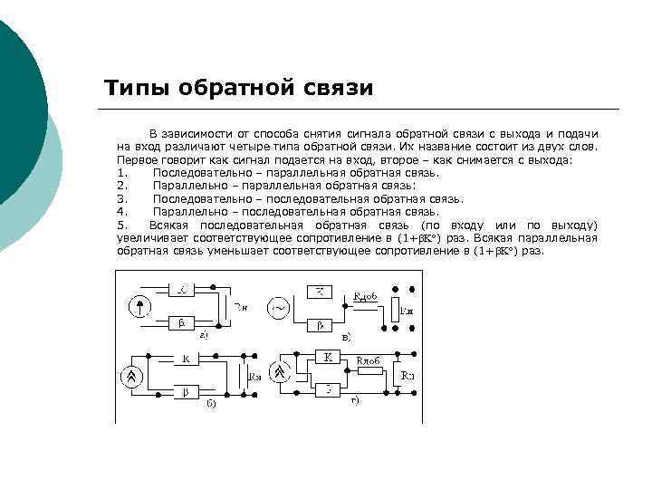 Типы обратной связи В зависимости от способа снятия сигнала обратной связи с выхода и