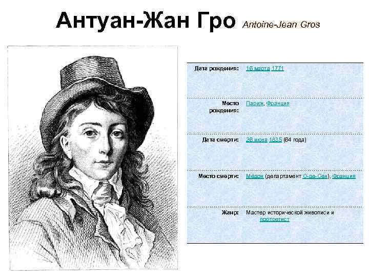 Антуан-Жан Гро Antoine-Jean Gros Дата рождения: Место рождения: Дата смерти: Место смерти: Жанр: 16