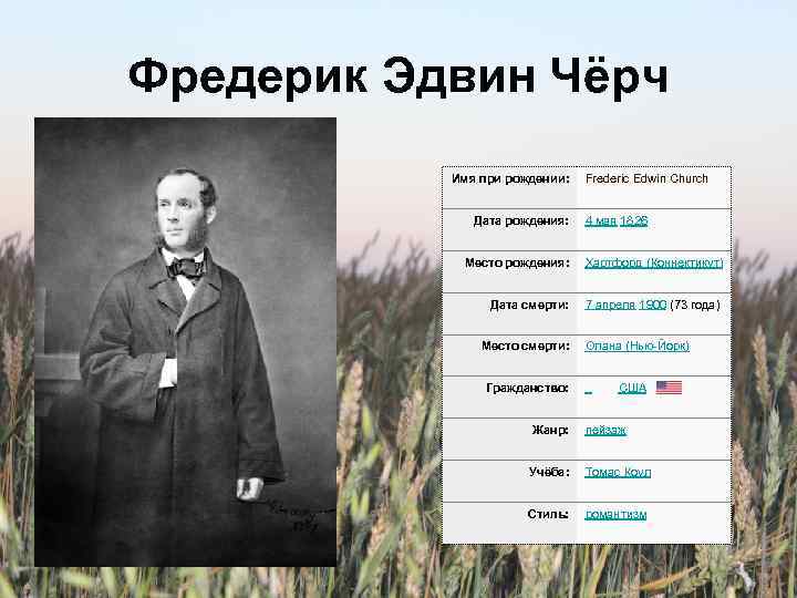 Фредерик Эдвин Чёрч Имя при рождении: Дата рождения: Frederic Edwin Church 4 мая 1826