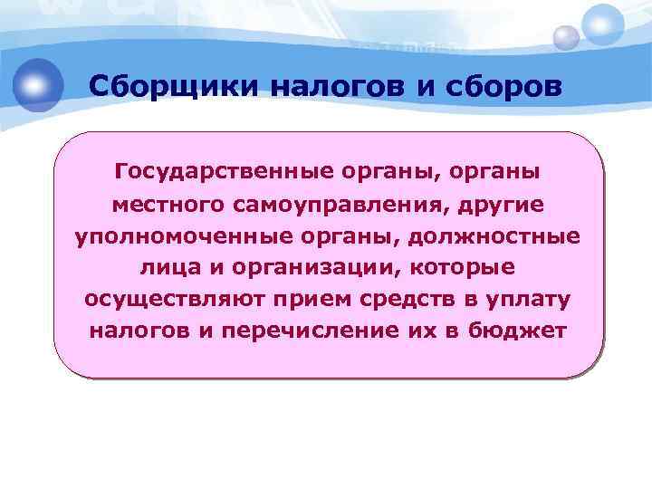 Сборщики налогов и сборов Государственные органы, органы местного самоуправления, другие уполномоченные органы, должностные лица