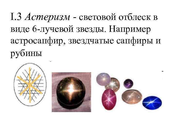 I. 3 Астеризм - световой отблеск в виде 6 -лучевой звезды. Например астросапфир, звездчатые