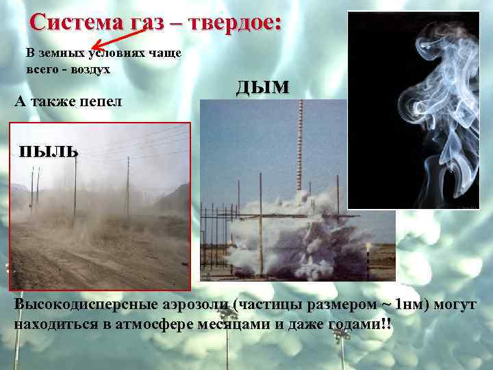 Система газ – твердое: В земных условиях чаще всего - воздух А также пепел