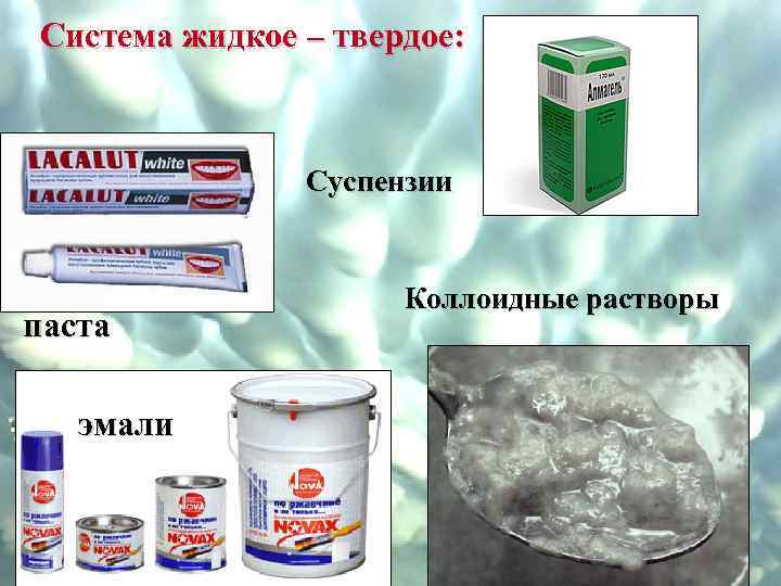 Система жидкое – твердое: Суспензии паста эмали Коллоидные растворы 