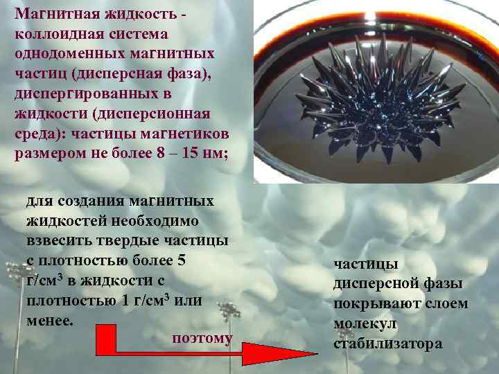 Магнитная жидкость - коллоидная система однодоменных магнитных частиц (дисперсная фаза), диспергированных в жидкости (дисперсионная
