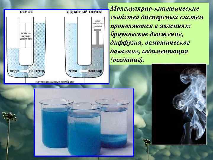 Молекулярно-кинетические свойства дисперсных систем проявляются в явлениях: броуновское движение, диффузия, осмотическое давление, седиментация (оседание).