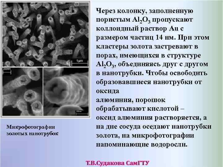 Микрофотографии золотых нанотрубок Через колонку, заполненную пористым Al 2 O 3 пропускают коллоидный раствор