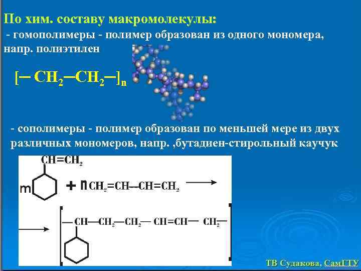 По хим. составу макромолекулы: - гомополимеры - полимер образован из одного мономера, напр. полиэтилен