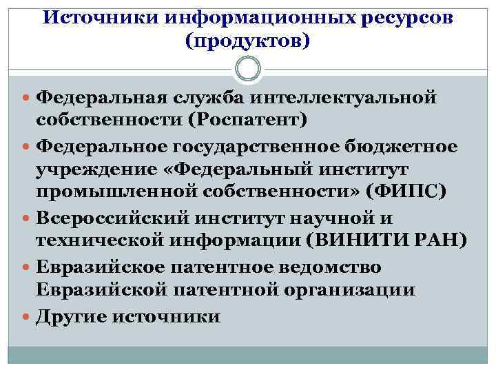 Источники информационных ресурсов (продуктов) Федеральная служба интеллектуальной собственности (Роспатент) Федеральное государственное бюджетное учреждение «Федеральный