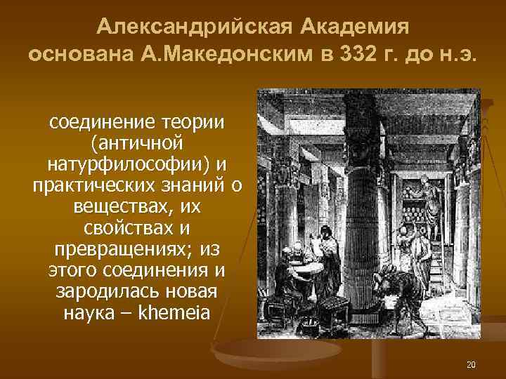 Александрийская Академия основана А. Македонским в 332 г. до н. э. соединение теории (античной
