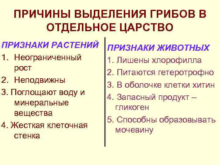ПРИЧИНЫ ВЫДЕЛЕНИЯ ГРИБОВ В ОТДЕЛЬНОЕ ЦАРСТВО ПРИЗНАКИ РАСТЕНИЙ 1. Неограниченный рост 2. Неподвижны 3.
