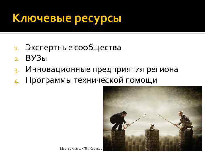 Ключевые ресурсы 1. 2. 3. 4. Экспертные сообщества ВУЗы Инновационные предприятия региона Программы технической