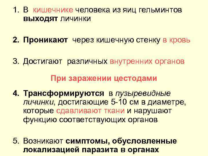 1. В кишечнике человека из яиц гельминтов выходят личинки 2. Проникают через кишечную стенку