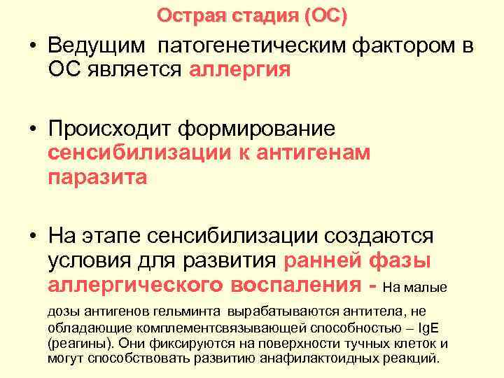 Острая стадия (ОС) • Ведущим патогенетическим фактором в ОС является аллергия • Происходит формирование