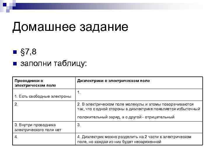Домашнее задание n n § 7, 8 заполни таблицу: Проводники в электрическом поле 1.