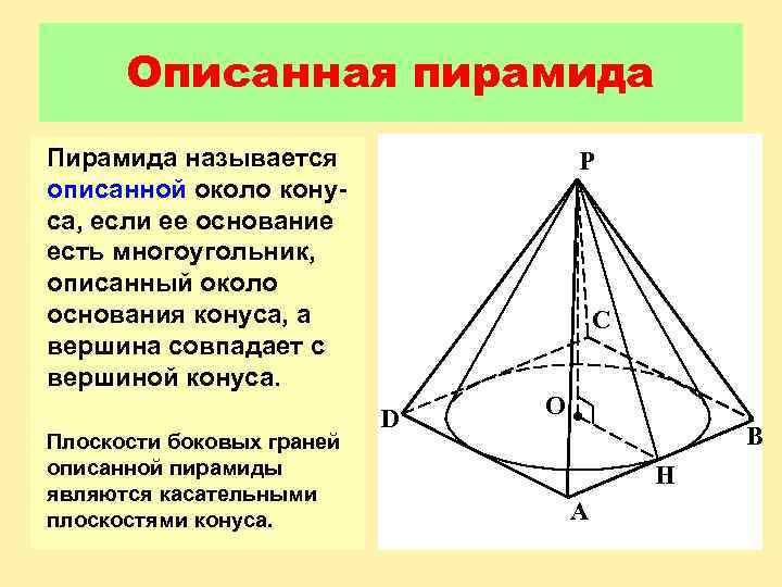 Описанная пирамида Пирамида называется описанной около конуса, если ее основание есть многоугольник, описанный около