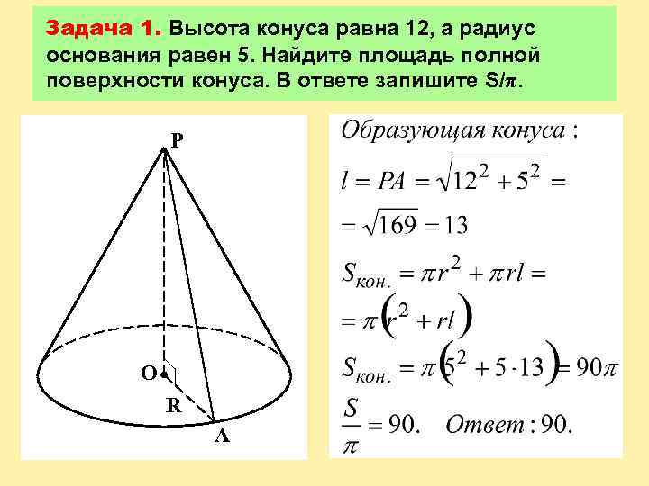 Задача 1. Высота конуса равна 12, а радиус основания равен 5. Найдите площадь полной