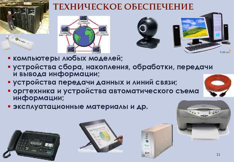 ТЕХНИЧЕСКОЕ ОБЕСПЕЧЕНИЕ § компьютеры любых моделей; § устройства сбора, накопления, обработки, передачи и вывода