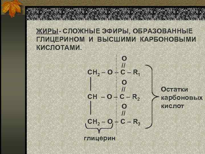 ЖИРЫ- СЛОЖНЫЕ ЭФИРЫ, ОБРАЗОВАННЫЕ ГЛИЦЕРИНОМ И ВЫСШИМИ КАРБОНОВЫМИ КИСЛОТАМИ. O // СН 2 –