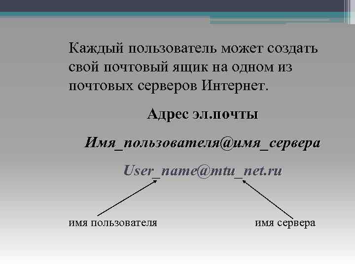 Каждый пользователь может создать свой почтовый ящик на одном из почтовых серверов Интернет. Адрес