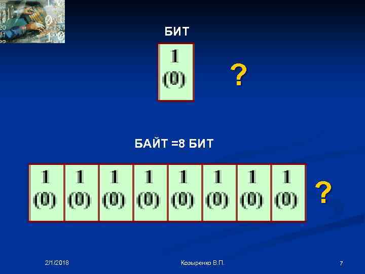 БИТ ? БАЙТ =8 БИТ ? 2/1/2018 Козыренко В. П. 7 