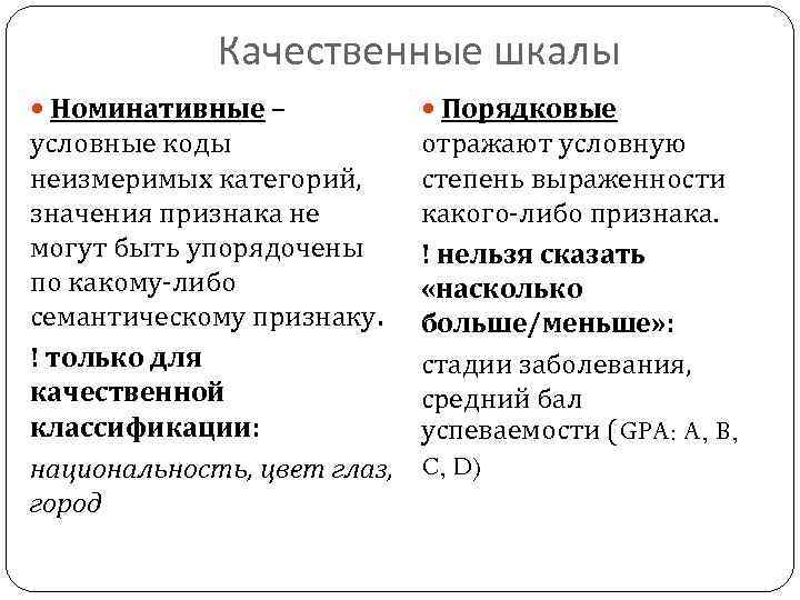 Качественные шкалы Номинативные – Порядковые условные коды неизмеримых категорий, значения признака не могут быть