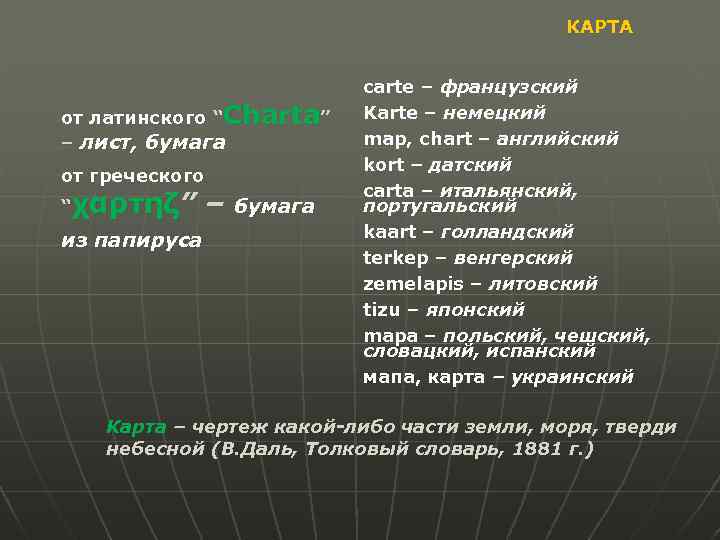 КАРТА от латинского “Charta” – лист, бумага от греческого “χαρτηζ” из папируса – бумага