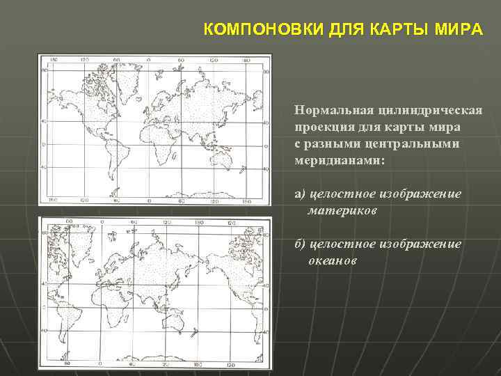 КОМПОНОВКИ ДЛЯ КАРТЫ МИРА Нормальная цилиндрическая проекция для карты мира с разными центральными меридианами: