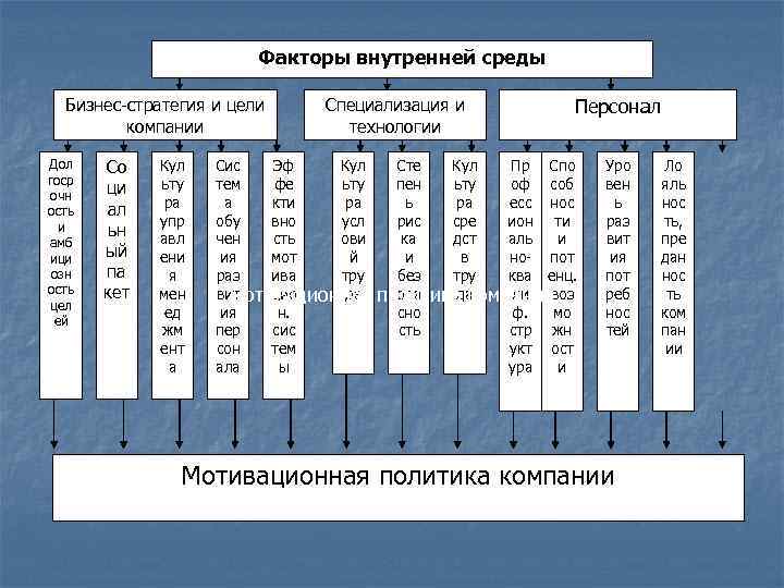 Факторы внутренней среды Бизнес-стратегия и цели компании Дол госр очн ость и амб ици