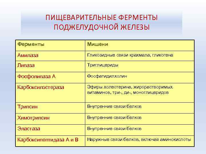 ПИЩЕВАРИТЕЛЬНЫЕ ФЕРМЕНТЫ ПОДЖЕЛУДОЧНОЙ ЖЕЛЕЗЫ Ферменты Мишени Амилаза Гликозидные связи крахмала, гликогена Липаза Триглицериды Фосфолипаза