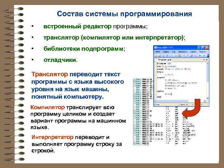 Состав системы программирования • встроенный редактор программы; • транслятор (компилятор или интерпретатор); интерпретатор) •
