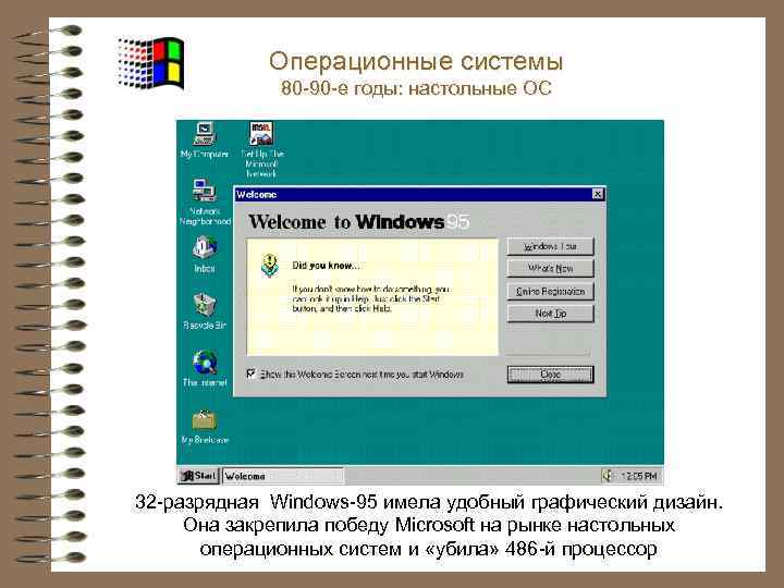 Операционные системы 80 -90 -е годы: настольные ОС 32 -разрядная Windows-95 имела удобный графический