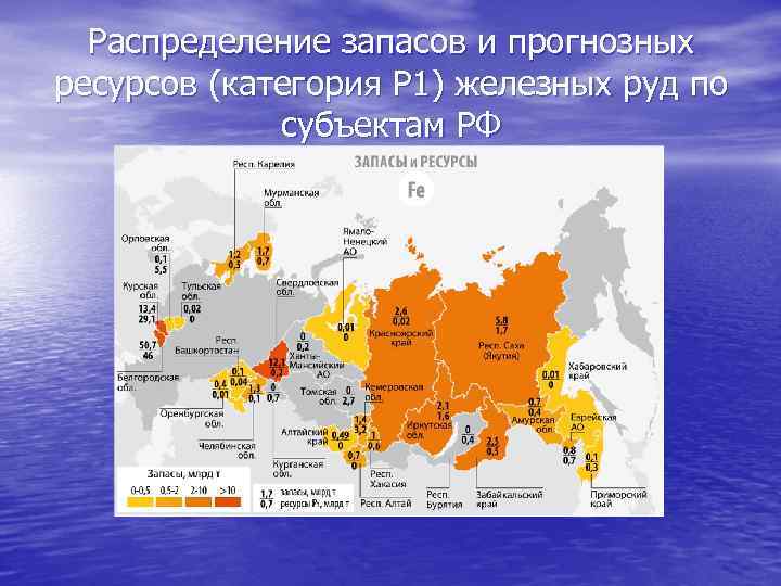 Распределение запасов и прогнозных ресурсов (категория Р 1) железных руд по субъектам РФ 