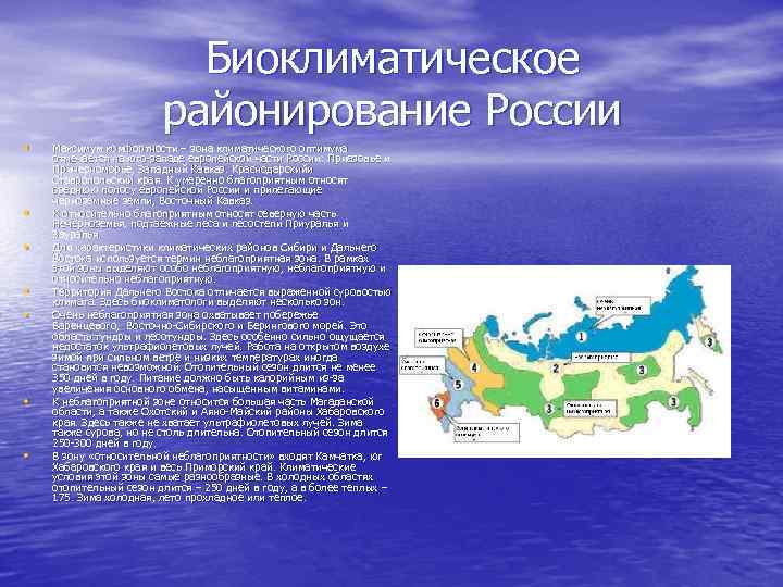 Биоклиматическое районирование России • • Мaксимум комфортности – зона климатического оптимума отмечaется на юго-западе