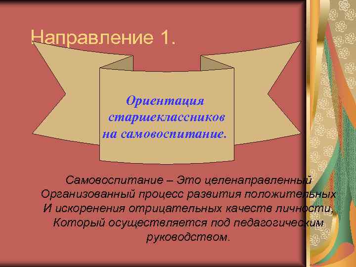 Направление 1. Ориентация старшеклассников на самовоспитание. Самовоспитание – Это целенаправленный Организованный процесс развития положительных