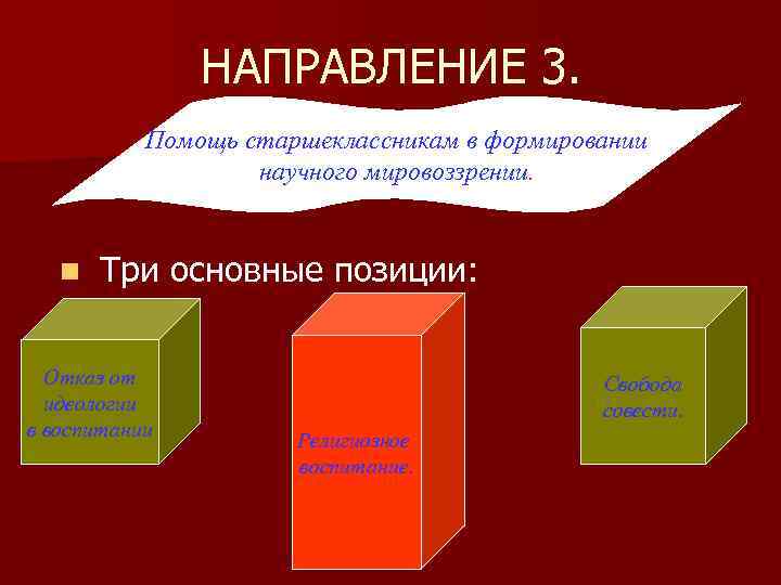 НАПРАВЛЕНИЕ 3. Помощь старшеклассникам в формировании научного мировоззрении. n Три основные позиции: Отказ от