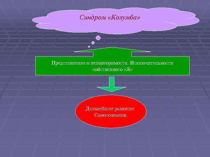 Синдром «Колумба» Представление о неповторимости. Исключительности собственного «Я» Дальнейшее развитие Самосознания. 