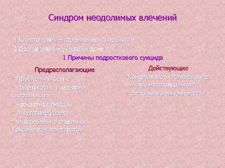 Синдром неодолимых влечений 1 Клептомания – стремление к воровству 2 Дромомания – уходы из