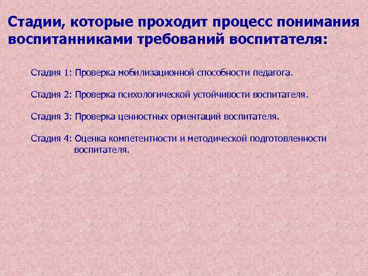Стадии, которые проходит процесс понимания воспитанниками требований воспитателя: Стадия 1: Проверка мобилизационной способности педагога.