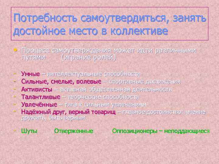 Потребность самоутвердиться, занять достойное место в коллективе • Процесс самоутверждения может идти различными путями