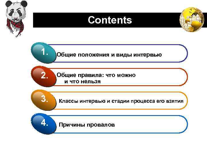 Contents LOGO 1. 2. Общие положения и виды интервью Общие правила: что можно и