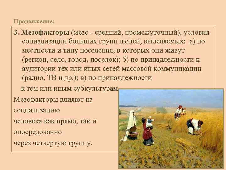 Продолжение: 3. Мезофакторы (мезо - средний, промежуточный), условия социализации больших групп людей, выделяемых: а)