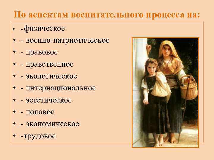 По аспектам воспитательного процесса на: • - физическое • • • - военно-патриотическое -
