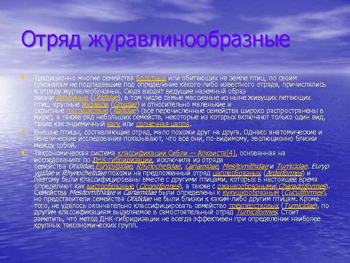 Отряд журавлинообразные • • • Традиционно многие семейства болотных или обитающих на земле птиц,