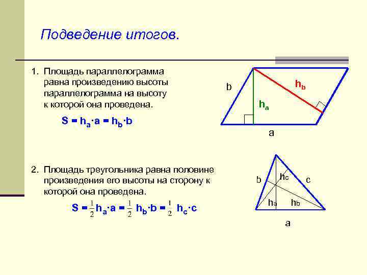 Подведение итогов. 1. Площадь параллелограмма равна произведению высоты параллелограмма на высоту к которой она