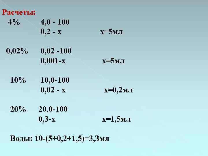 Расчеты: 4% 4, 0 - 100 0, 2 - х 0, 02% 10% 20%